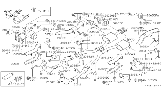 1997 Infiniti Q45 Front Exhaust Tube Assembly Diagram for 20010-6P100
