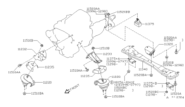 1999 Infiniti QX4 Insulator-Engine Mounting,Rear Diagram for 11320-1W410