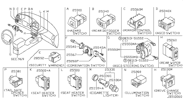 1999 Infiniti QX4 Rear Wiper Switch Diagram for 25260-0W001