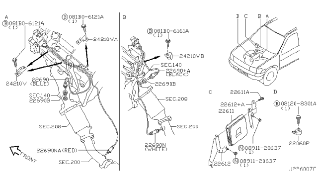 2001 Infiniti QX4 Rear Heated Oxygen Sensor Diagram for 226A0-4W001