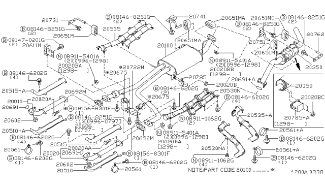 1998 Infiniti QX4 Front Exhaust Tube Assembly Diagram for 20020-1W600
