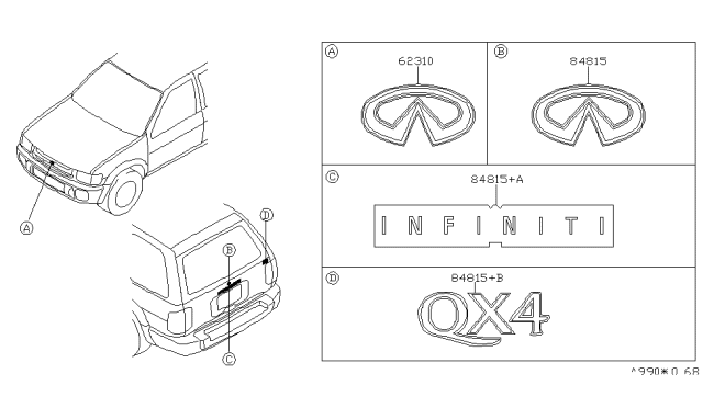 1999 Infiniti QX4 Rear Trunk Gold Painted Emblem Logo Nameplate Diagram for 90891-1W310