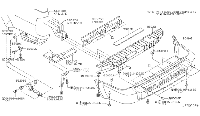 2000 Infiniti QX4 Rear Bumper Diagram 1