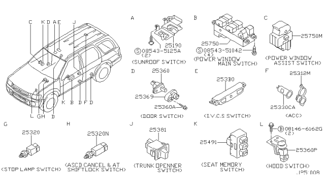 2001 Infiniti QX4 Main Power Window Switch Assembly Diagram for 25401-5W504