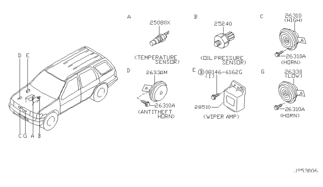 2001 Infiniti QX4 Horn Assy-Electric High Diagram for 25610-1W500