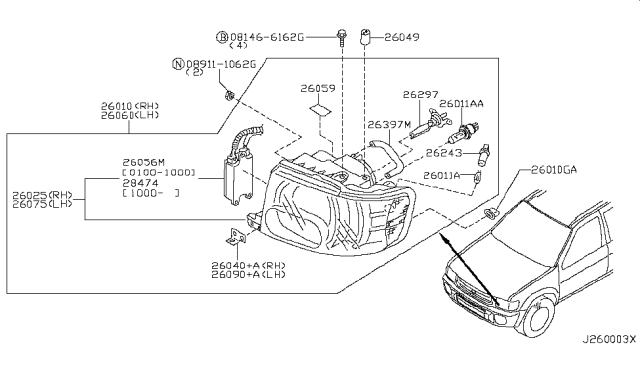 2001 Infiniti QX4 Left Headlight Assembly Diagram for 26060-3W727