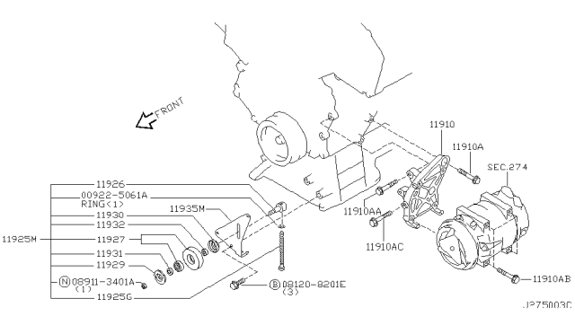 2001 Infiniti QX4 Compressor Mounting & Fitting Diagram 2