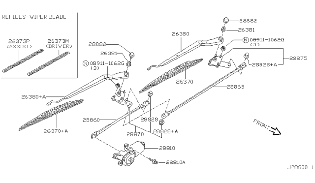 2003 Infiniti QX4 Window Wiper Blade Assembly No 1 Diagram for 28890-3W400