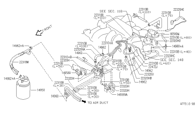 1993 Infiniti Q45 Hose-Vacuum Control,B Diagram for 22320-67U02