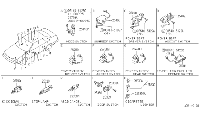 1990 Infiniti Q45 Switch Assy-Trunk Opener Diagram for 25380-60U02