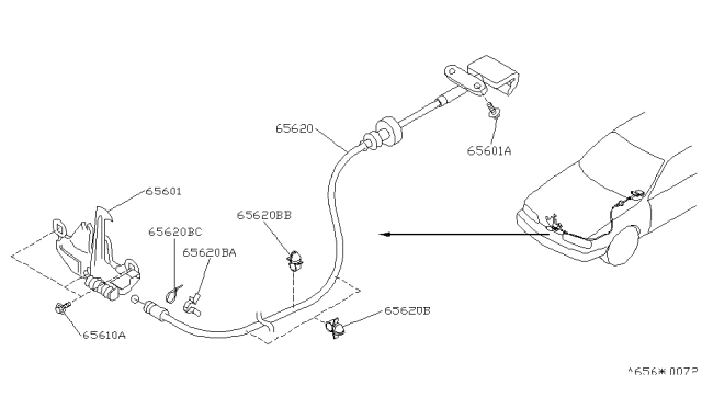 1993 Infiniti Q45 Hood Lock Control Cable Assembly Diagram for 65620-60U00