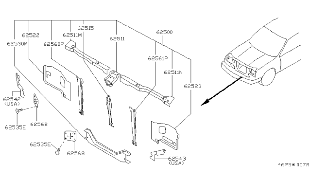 1990 Infiniti Q45 Front Apron & Radiator Core Support Diagram