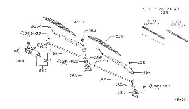 1994 Infiniti Q45 Window Wiper Arm Assembly Diagram for 28886-60U00