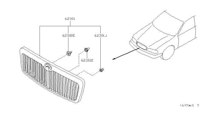 1996 Infiniti Q45 Front Grille Assembly Diagram for 62310-67U00