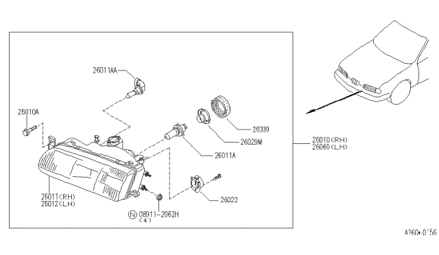 1995 Infiniti Q45 Head Lamp Unit Diagram for 26075-67U20