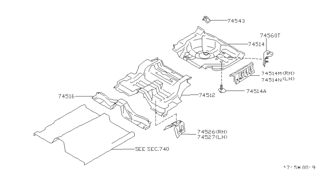 1994 Infiniti Q45 Floor-Rear,Front Diagram for 74512-60U30