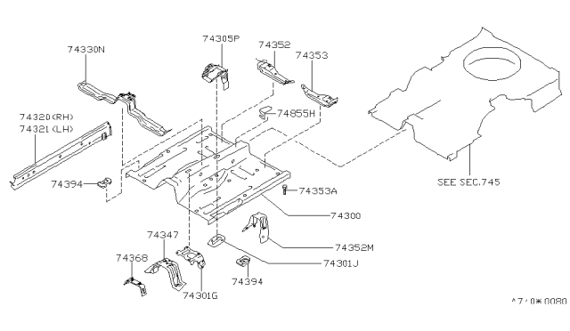 1995 Infiniti Q45 Floor-Front Diagram for 74312-67U30