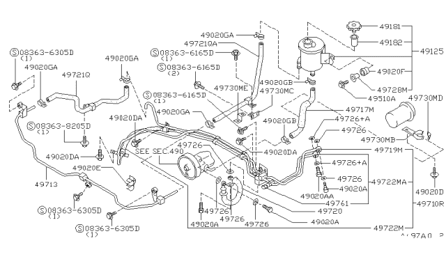 1991 Infiniti Q45 Power Steering Return Hose Assembly Diagram for 49721-60U15