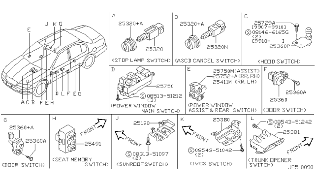 2000 Infiniti I30 Switch Assy-Door Diagram for 25360-4M400