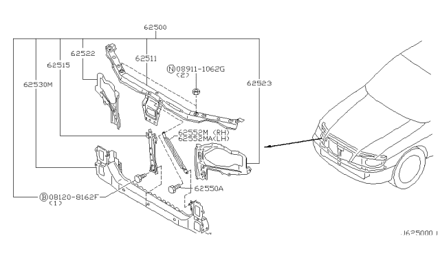 2001 Infiniti I30 Support Assy-Radiator Core Diagram for 62500-5Y000