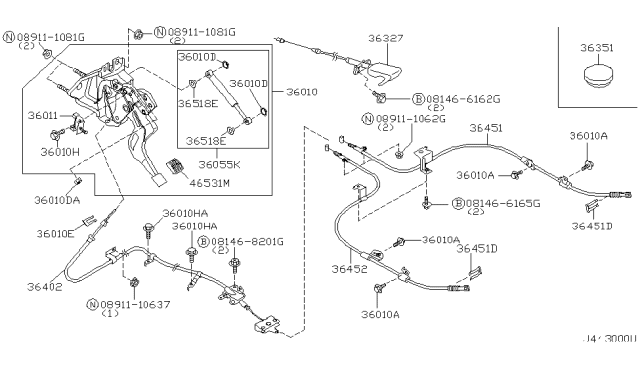 2002 Infiniti I35 Cable Assy-Parking Brake,Front Diagram for 36402-5Y800