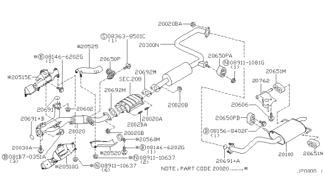 2001 Infiniti I30 Exhaust Main Muffler Assembly Diagram for 20100-3Y700