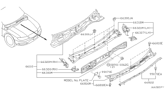 2002 Infiniti I35 Brace-Cowl Top Side,RH Diagram for 66324-4Y900
