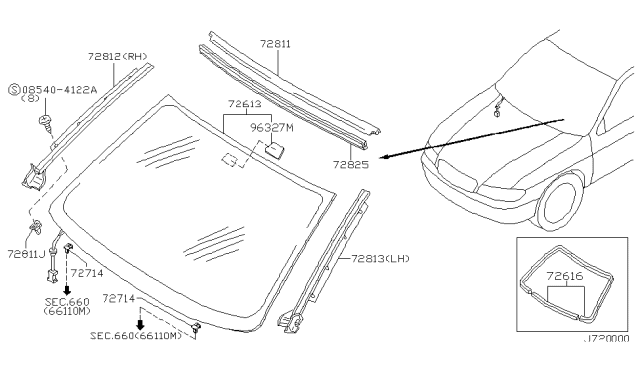 2000 Infiniti I30 Moulding-Windshield Side,LH Diagram for 72761-2Y900