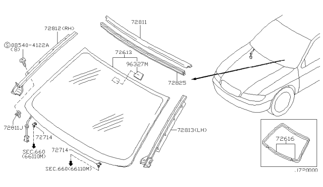 2000 Infiniti I30 Windshield Glass Diagram for 72700-2Y012