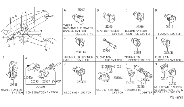 1991 Infiniti M30 Switch Assy-Rear Defogger Diagram for 25350-F6601