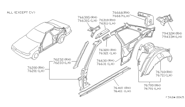 1990 Infiniti M30 Rail-Side Roof,Inner RH Diagram for 76330-F6100