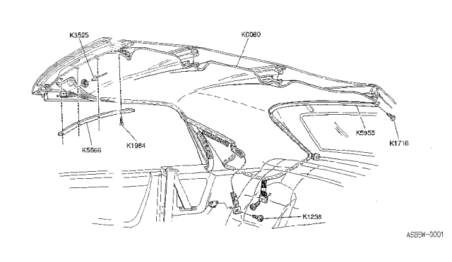 1991 Infiniti M30 RETAINER-HEADLINER,No-4 Bow Diagram for K5955-9X001