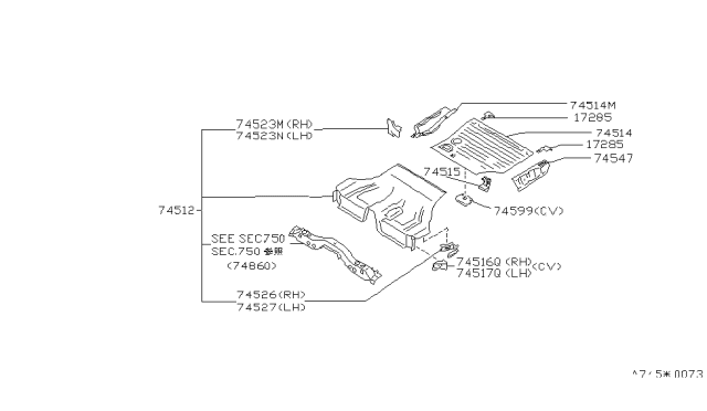 1991 Infiniti M30 Floor-Rear,Front Diagram for 74512-F6638