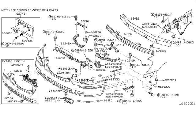 2005 Infiniti Q45 Front Bumper Right Grille Diagram for 62256-AT502