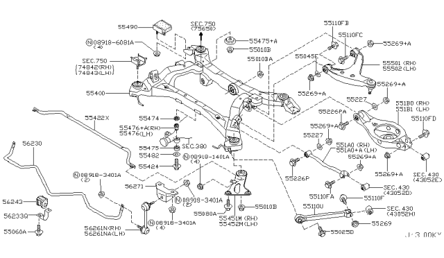 2004 Infiniti Q45 Member Complete Rear Suspension Diagram for 55400-AR001