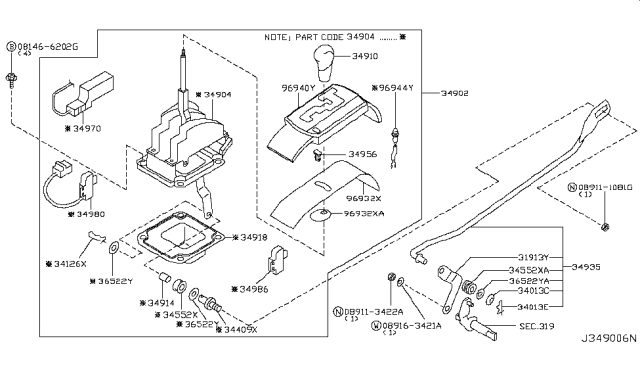 2003 Infiniti Q45 Transmission Control Device Assembly Diagram for 34901-AR212