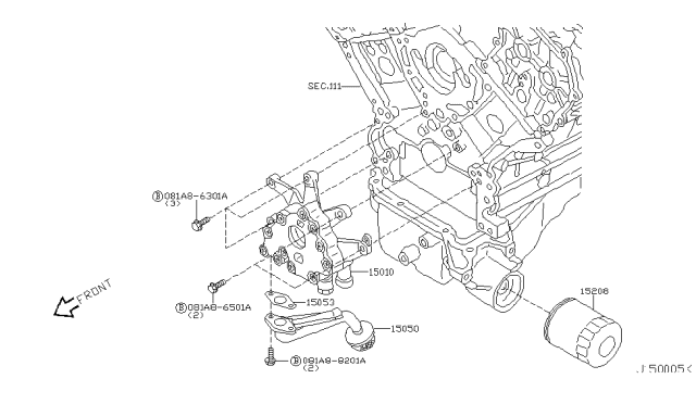 2005 Infiniti Q45 Oil Filter Element Assembly Diagram for 15208-31U01