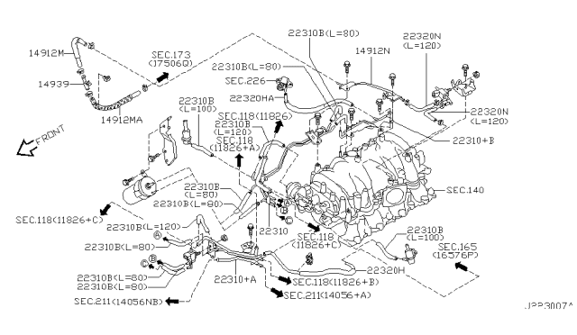 2003 Infiniti Q45 Hose-Vacuum Control B Diagram for 22320-AH165