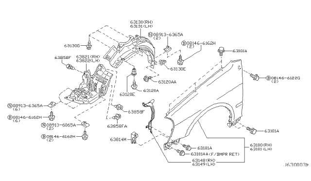 2002 Infiniti Q45 Front Fender & Fitting Diagram