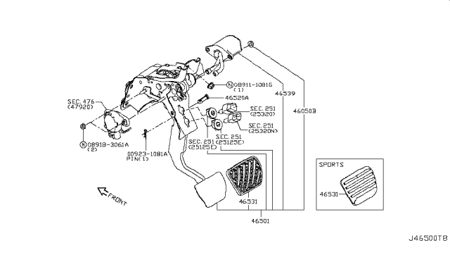 2019 Infiniti Q50 Pedal Assembly-Brake W/BRKT Diagram for 46501-6HJ1B