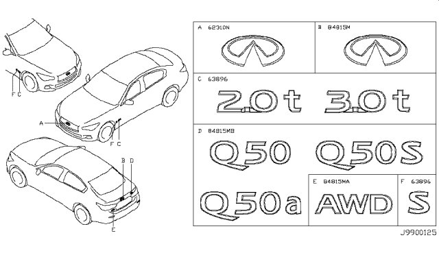 2019 Infiniti Q50 Front Fender Emblem Diagram for H4890-4HB3J