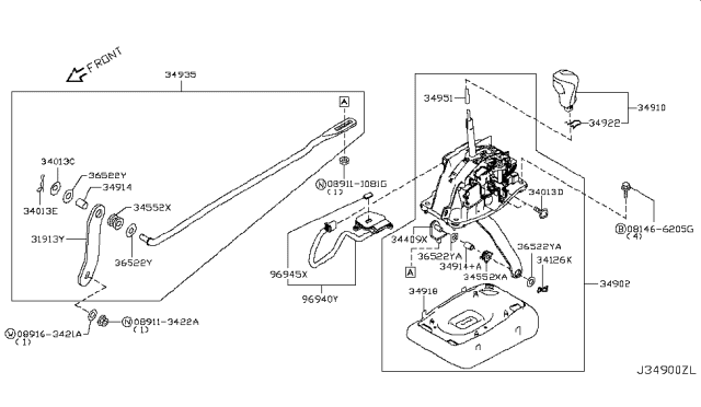 2014 Infiniti Q50 Transmission Control Device Assembly Diagram for 34901-4GF9D