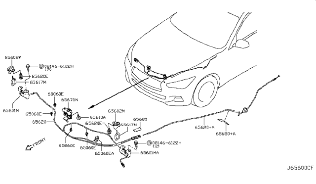 2015 Infiniti Q50 Hood Lock Control Cable Assembly Diagram for 65620-4GA0A