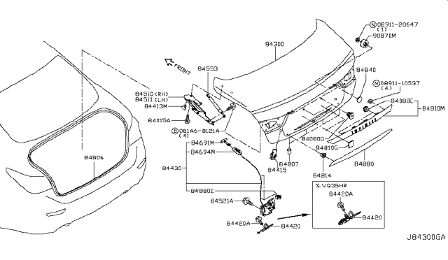 2016 Infiniti Q50 Trunk Lid Lock Assembly Diagram for 84631-4GA2A