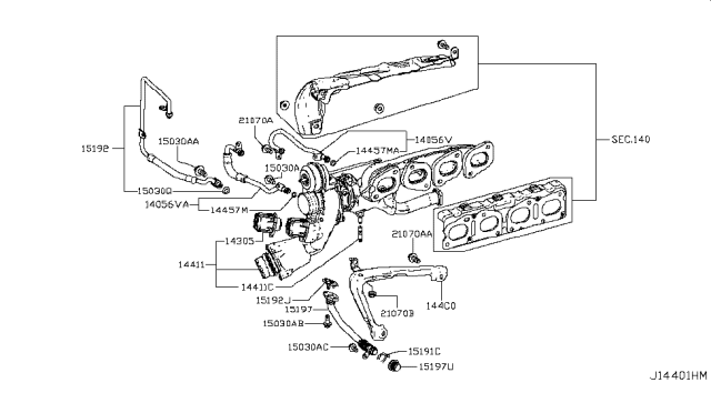 2018 Infiniti Q50 Turbocharger Oil Outlet Diagram for 15197-HG00D