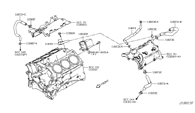 2018 Infiniti Q50 Blow By Gas Hose Assembly Diagram for 11823-JK21C