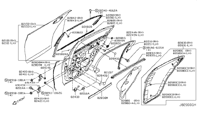 2014 Infiniti Q50 Rear Door Panel & Fitting Diagram