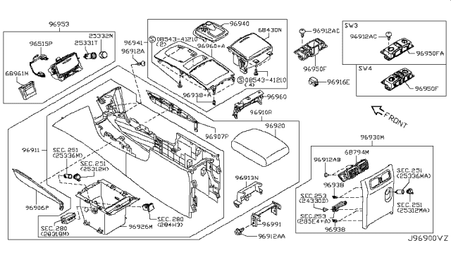 2010 Infiniti FX35 Console Box Lid Assembly Diagram for 96920-1CA0A