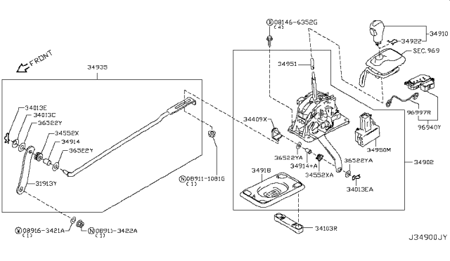 2009 Infiniti FX50 Transmission Control Device Assembly Diagram for 34901-1CA0A