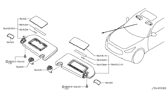 2012 Infiniti FX50 Driver Sun Visor Assembly Diagram for 96401-3ES2A